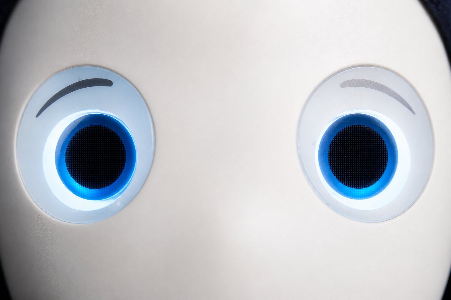 Nahaufnahme der beiden großen, blau leuchtenden OLED-Augen des Roboters Navel.