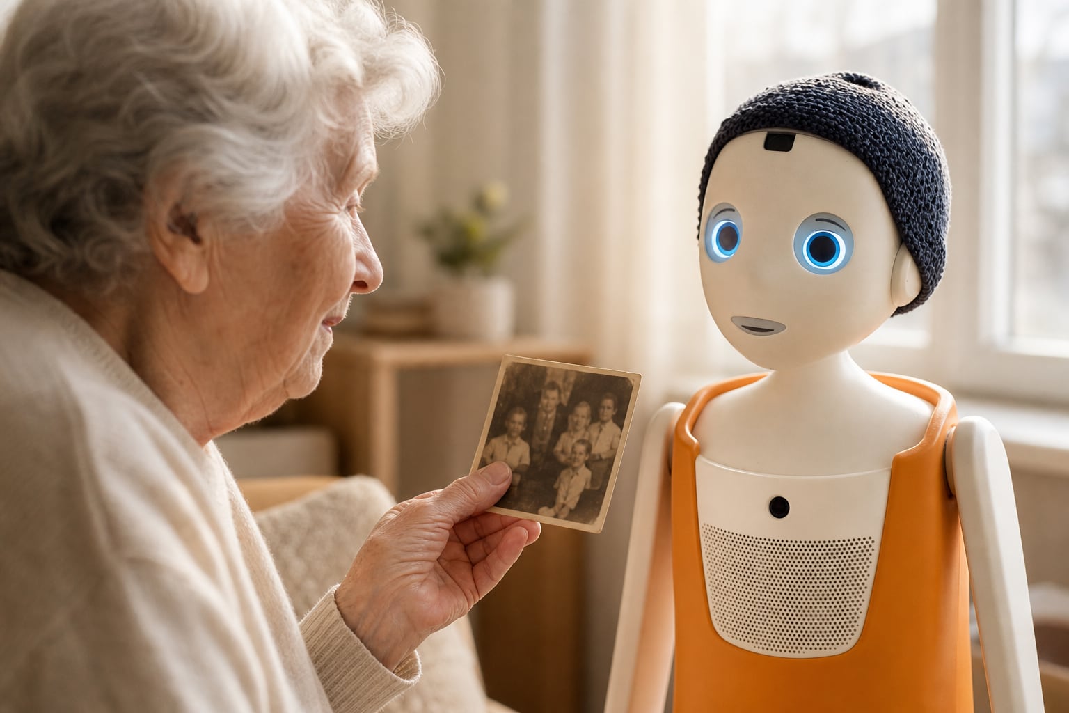 Eine ältere Frau hält Navel ein altes Familienfoto hin, der Roboter ist ihr zugewandt.