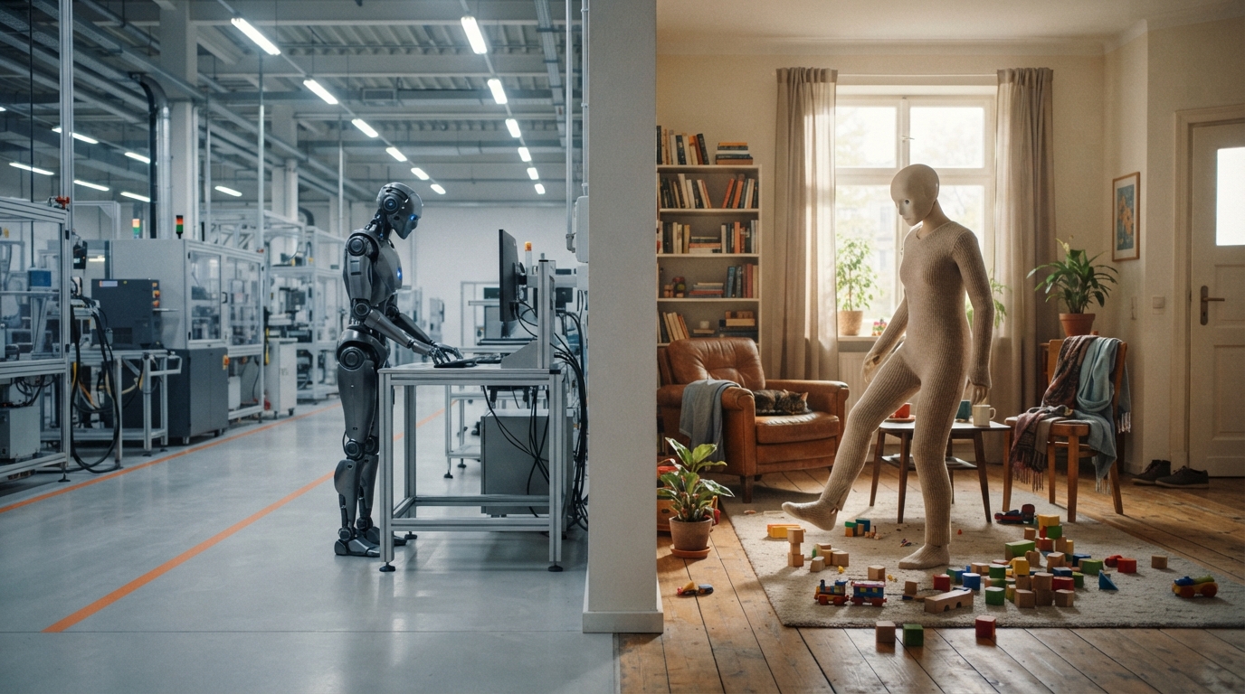 Bildvergleich: links sterile Fabrikhalle mit leerem Boden und Roboter am Arbeitsplatz, rechts bewohntes Wohnzimmer mit Spielzeug, Katze und zögerndem Humanoiden (KI-Illustration)