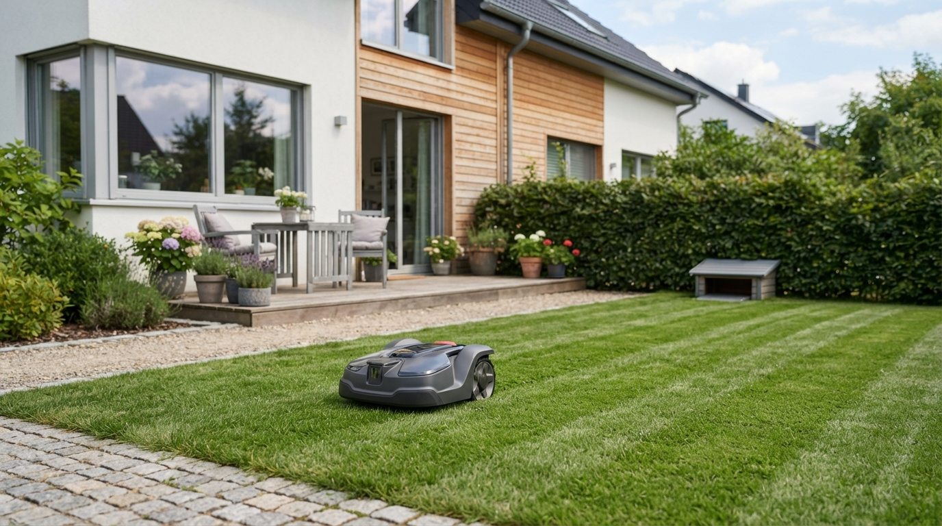 Mähroboter fährt über einen gestreiften Rasen im Garten eines modernen deutschen Einfamilienhauses, Ladestation an der Hecke (KI-Illustration)