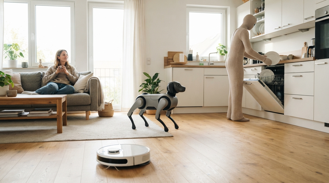 Helle Wohnküche mit drei Robotern gleichzeitig: Saugroboter am Boden, Roboterhund im Raum, humanoider Roboter mit Textilhülle am Geschirrspüler (KI-Illustration)