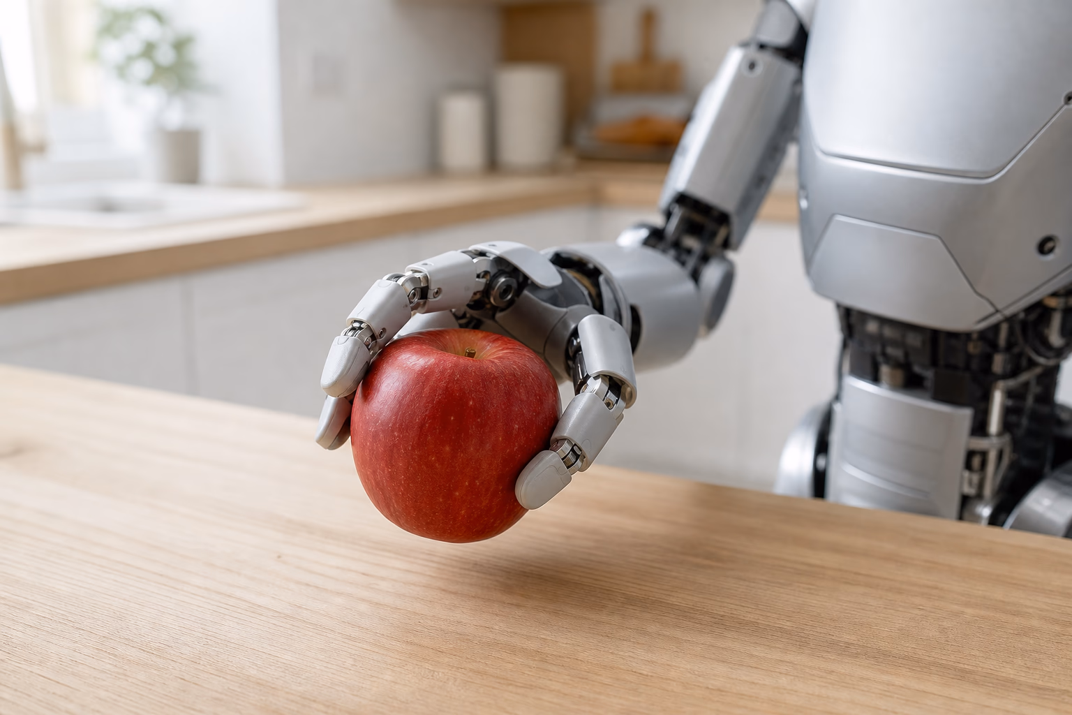 Artikulierte humanoide Roboterhand greift einen roten Apfel auf einer hellen Küchenarbeitsfläche (KI-Visualisierung)