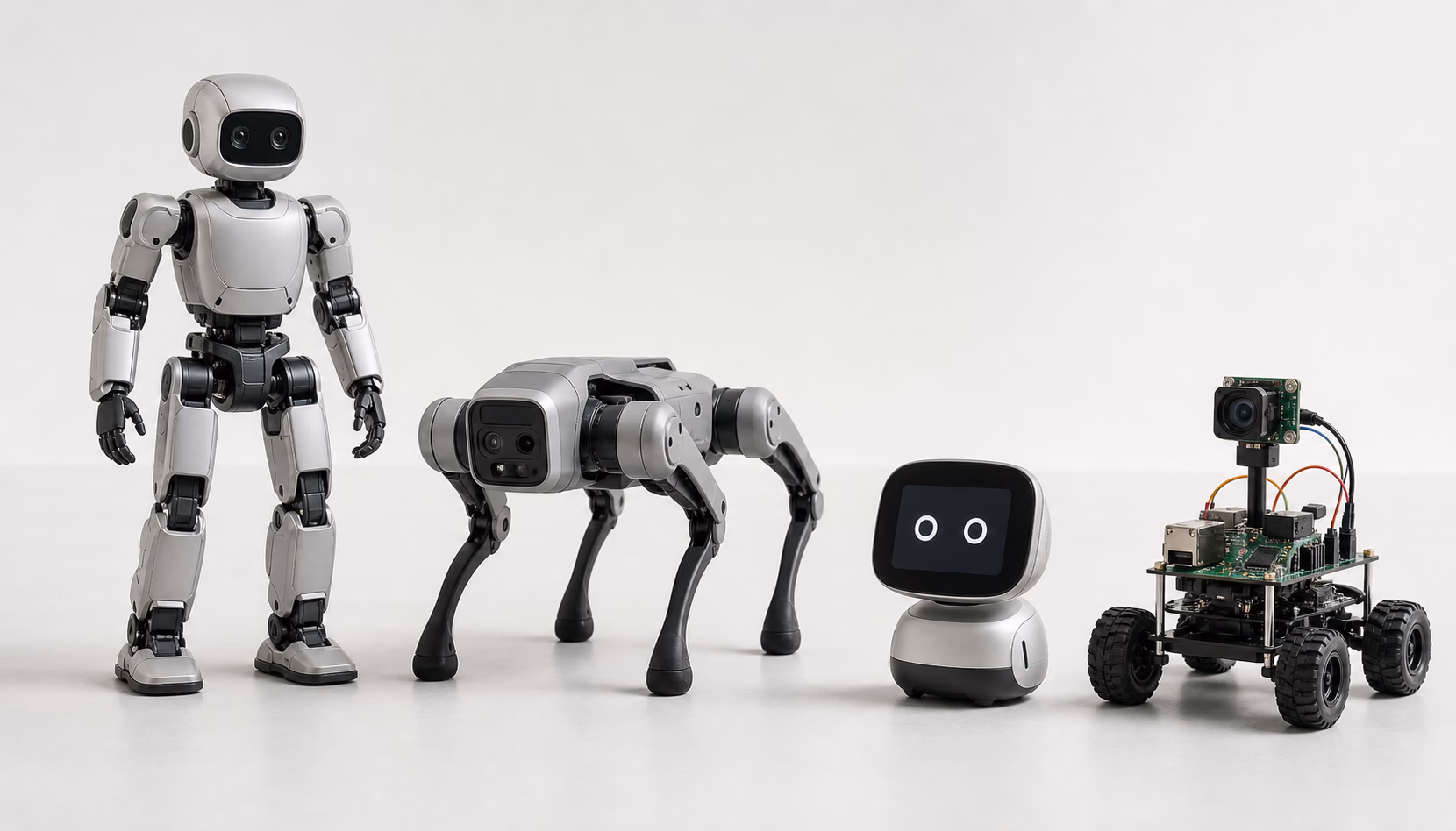 Vier kaufbare KI-Roboterklassen im Größenvergleich: kompakter Humanoid, Roboterhund, Desktop-Companion und DIY-Kamerarover (KI-Visualisierung)