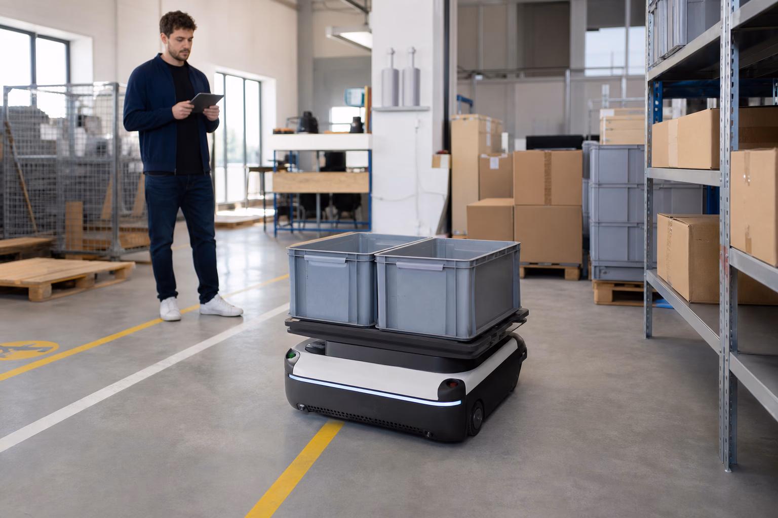 Autonomer mobiler Logistikroboter transportiert zwei Behälter durch ein helles Lager, während ein Mitarbeiter den Einsatz überwacht (KI-Visualisierung)