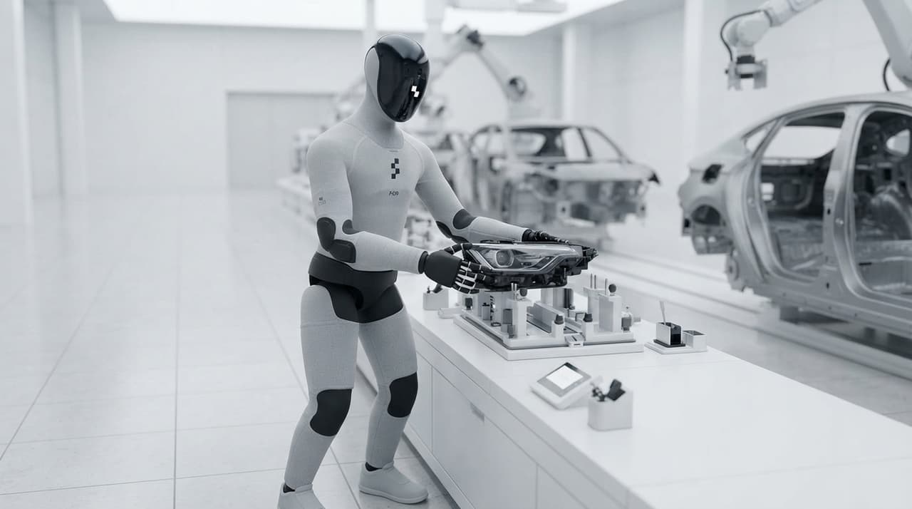 Grauer humanoider Roboter mit Textil-Polstern an einer hellen Automobil-Fertigungslinie (KI-Illustration)