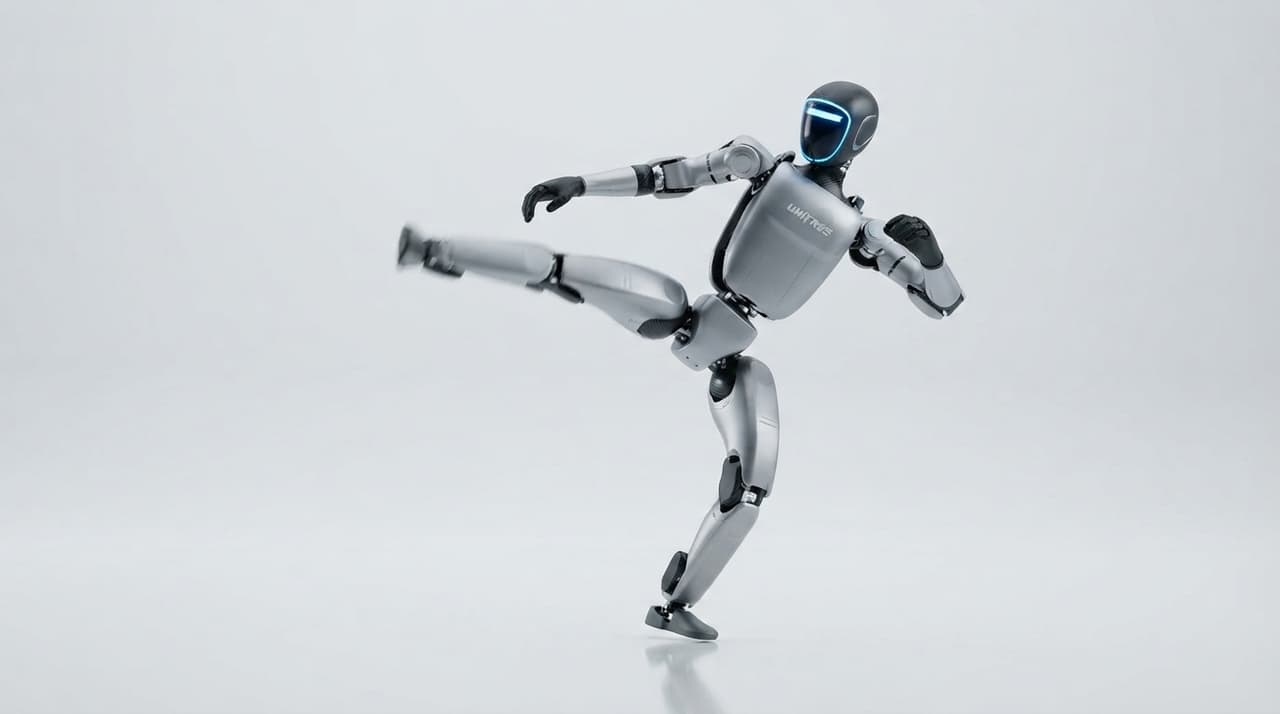 Kompakter humanoider Roboter bei einem dynamischen Martial-Arts-Kick auf heller Bühne (KI-Illustration)