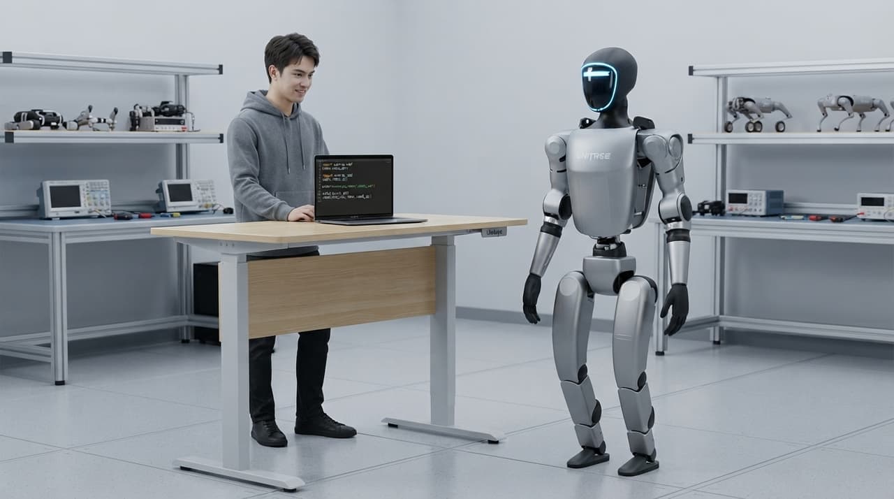 Entwickler mit Laptop neben einem Unitree-G1-Humanoiden in einem hellen Robotik-Labor (KI-Darstellung nach CC0-Referenz)