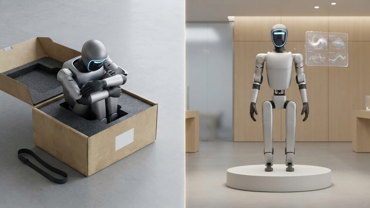 Split-Szene: links ein humanoider Roboter zusammengefaltet in einer kompakten Versandbox mit Schaumstoff-Inlay, rechts derselbe Roboter aufrecht auf einem Showroom-Podest (KI-Illustration nach G1-Design)