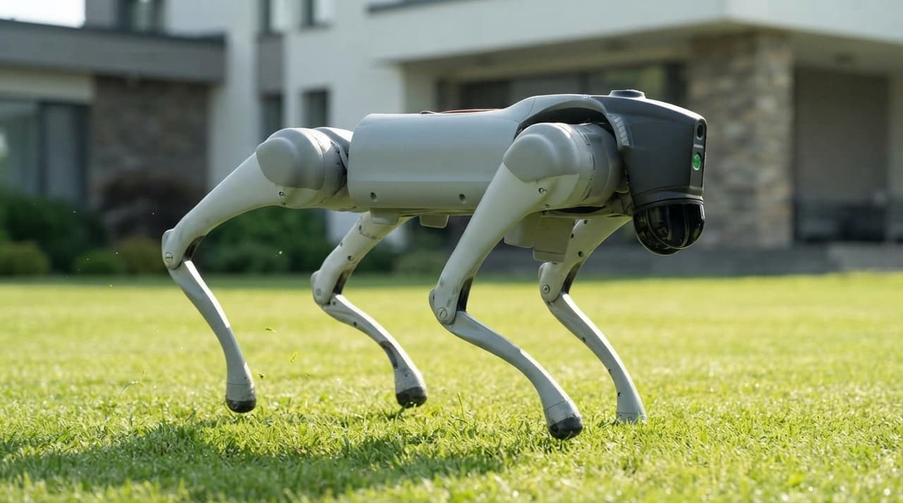 Grauer Roboterhund Unitree Go2 trabt über einen sonnigen Garten-Rasen (KI-Darstellung nach CC-BY-Referenz)