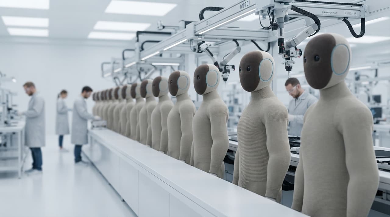 Reihe identischer beiger Stoff-Humanoiden an einer weißen Produktionslinie in heller moderner Fabrik (KI-Illustration)