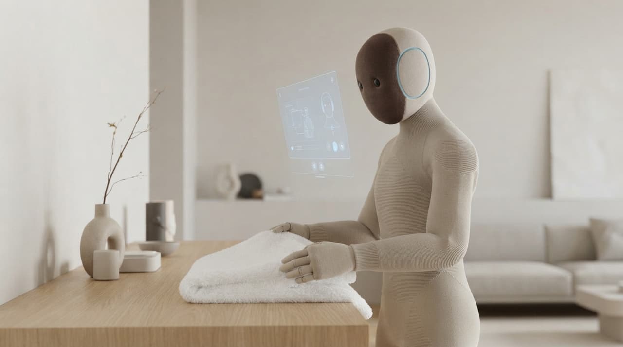 Stoff-Humanoid faltet ein Handtuch im hellen Wohnzimmer, dezente Interface-Einblendung deutet Remote-Unterstützung an (KI-Illustration)