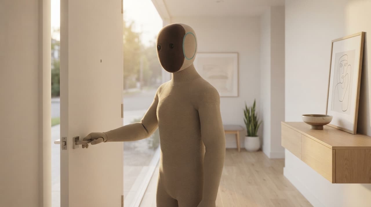 1X NEO öffnet die weiße Haustür einer hellen modernen Wohnung, warmes Tageslicht fällt in den Flur (KI-Illustration)