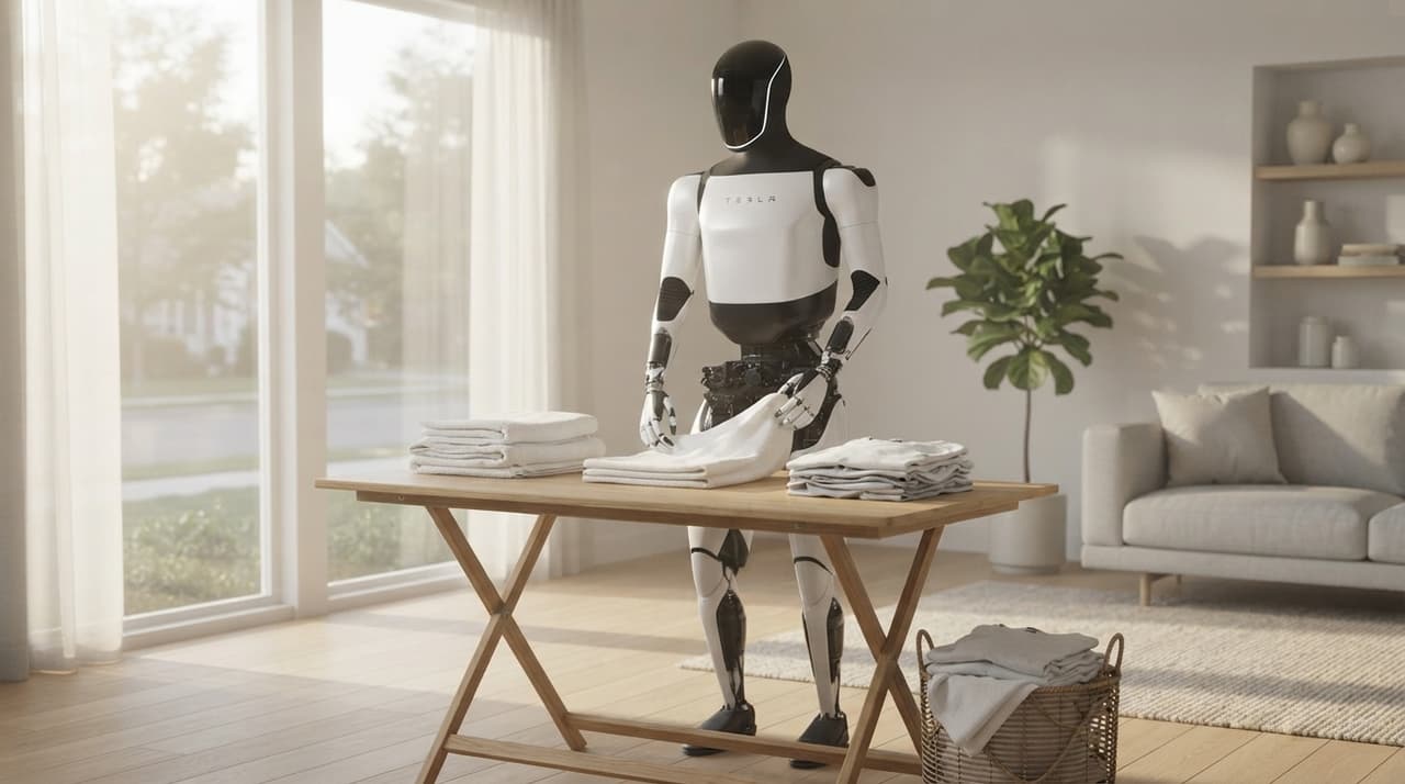 Humanoider Roboter faltet Wäsche in einem hellen skandinavischen Wohnzimmer mit großen Fenstern (KI-Illustration)