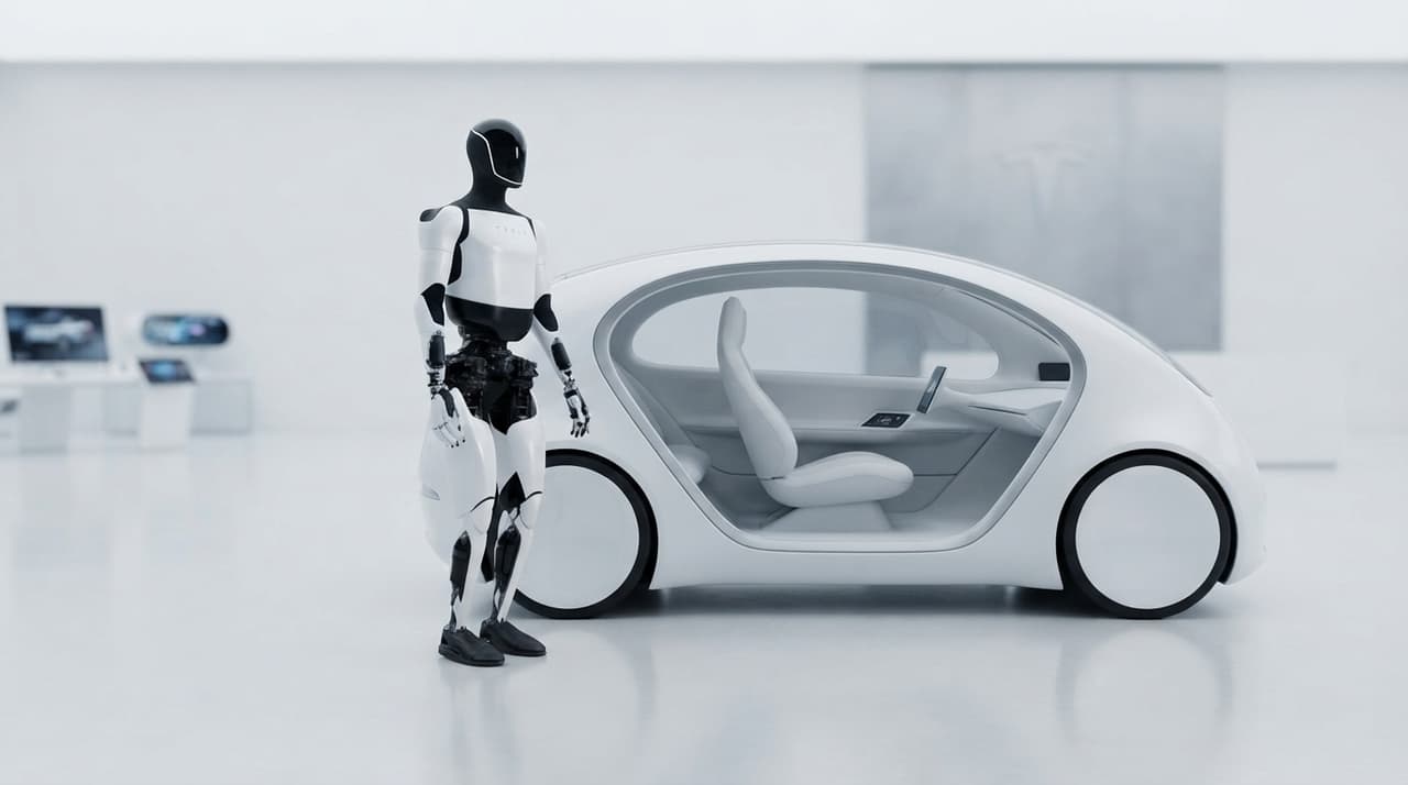 Humanoider Roboter neben einem futuristischen autonomen Robotaxi ohne Lenkrad in heller Ausstellungshalle (KI-Illustration)