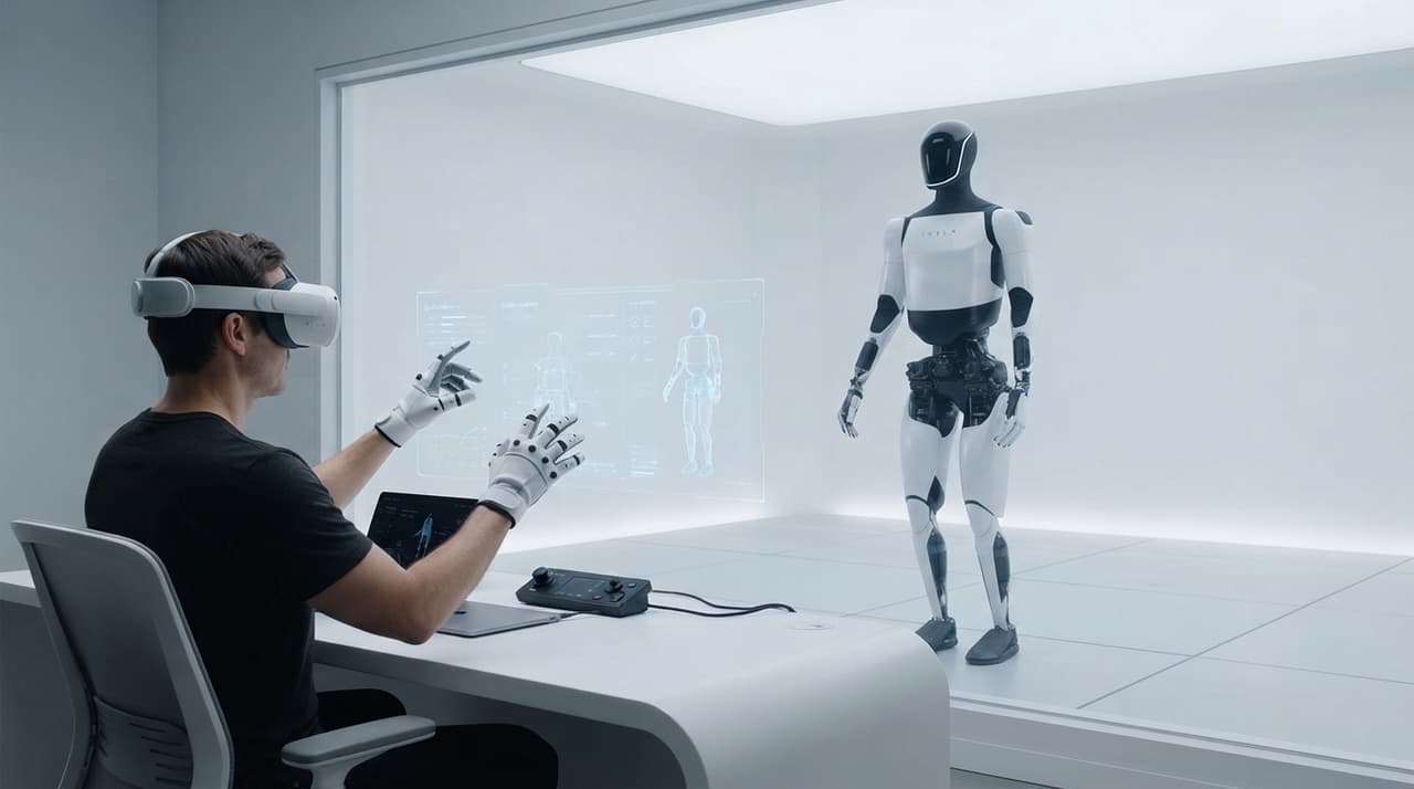 Operator mit VR-Headset und Tracking-Handschuhen steuert einen humanoiden Roboter hinter einer Glaswand (KI-Illustration)
