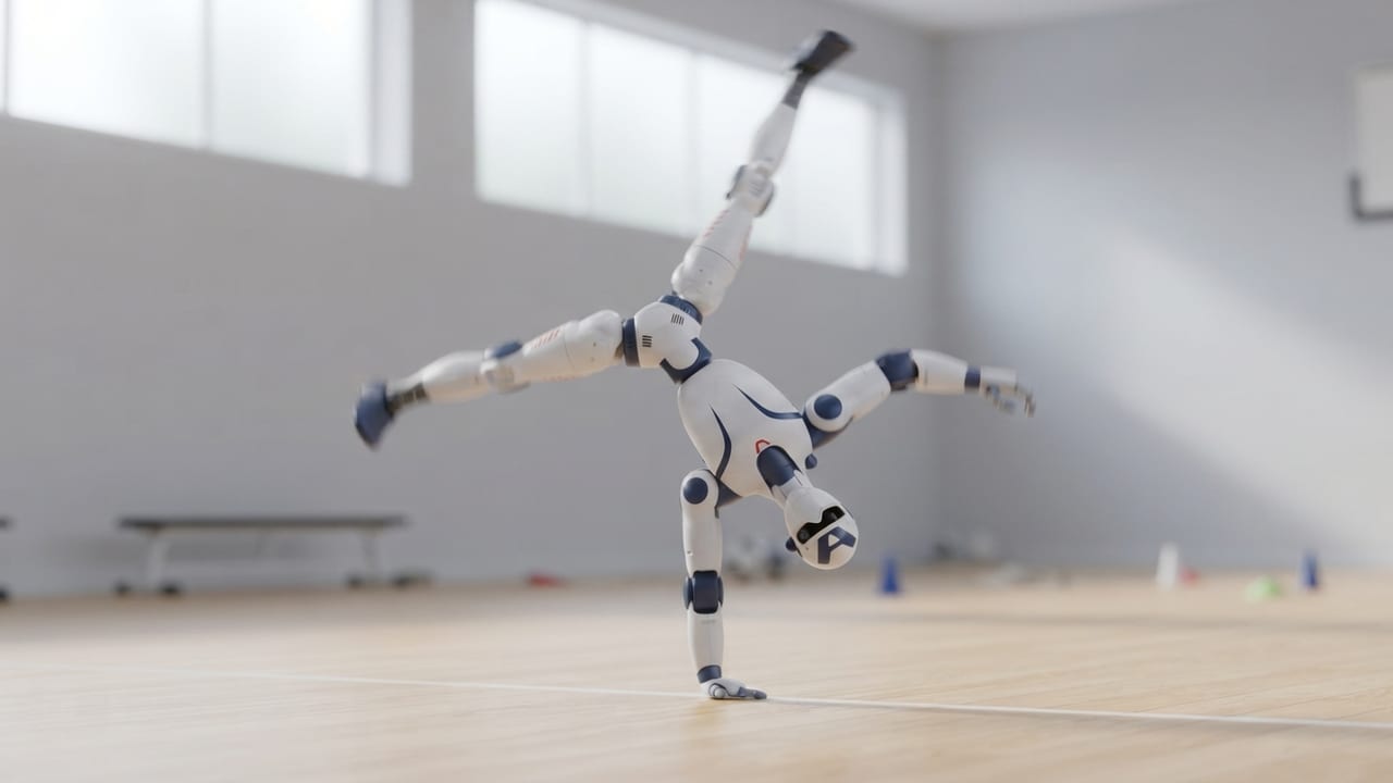 Kompakter weiß-navy Humanoid mitten im Radschlag in einer hellen Sporthalle, Bewegungsunschärfe an Armen und Beinen (KI-Illustration nach R1-Design)