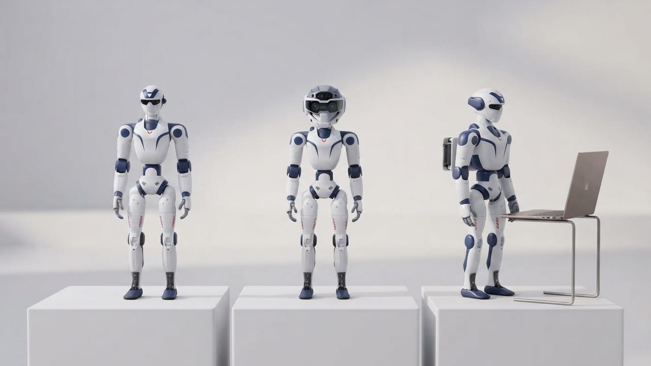 Drei kompakte weiß-navy Humanoide nebeneinander auf Podesten in hellem Studio — links schlicht, Mitte mit Kopf-Sensorik, rechts mit Entwickler-Zusatzmodulen und geöffnetem Laptop davor (KI-Illustration nach R1-Design)