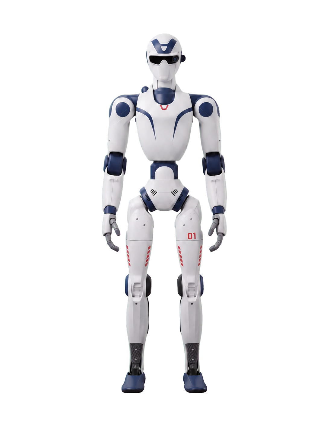Unitree R1 in frontaler Pose, weiß-navy mit roten Markierungen — freigestellte KI-Studio-Darstellung