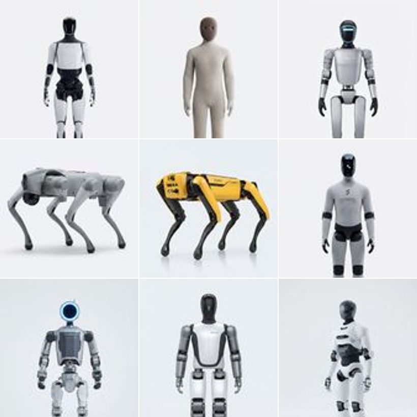 Sechs Roboter aus dem Radar als Studio-Kacheln — Optimus, NEO, G1, Go2, Spot, Figure