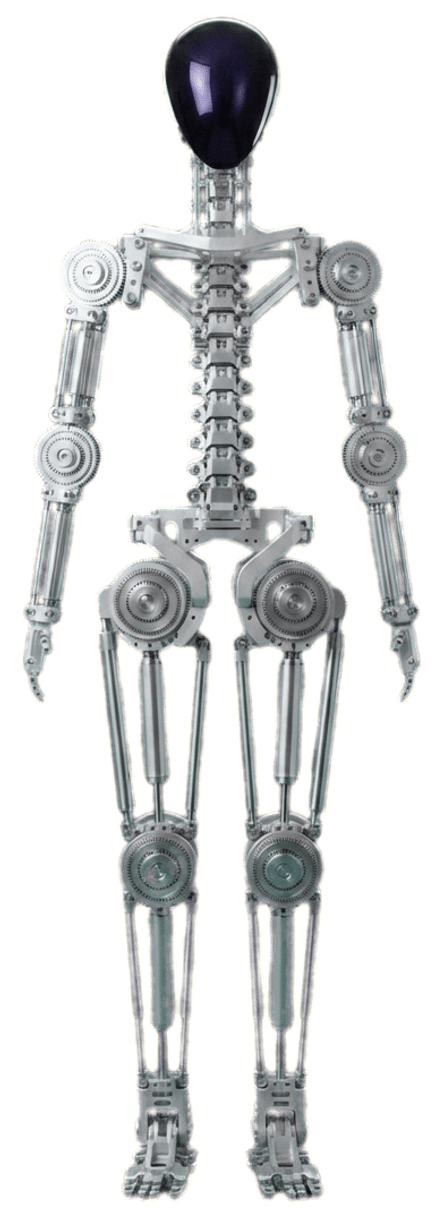 Dieselbe Figur als mechanisches Skelett aus hellem Metall: Drehgelenke an Hüfte, Knien und Schultern, Aktuatoren an Ober- und Unterschenkeln (KI-Illustration)
