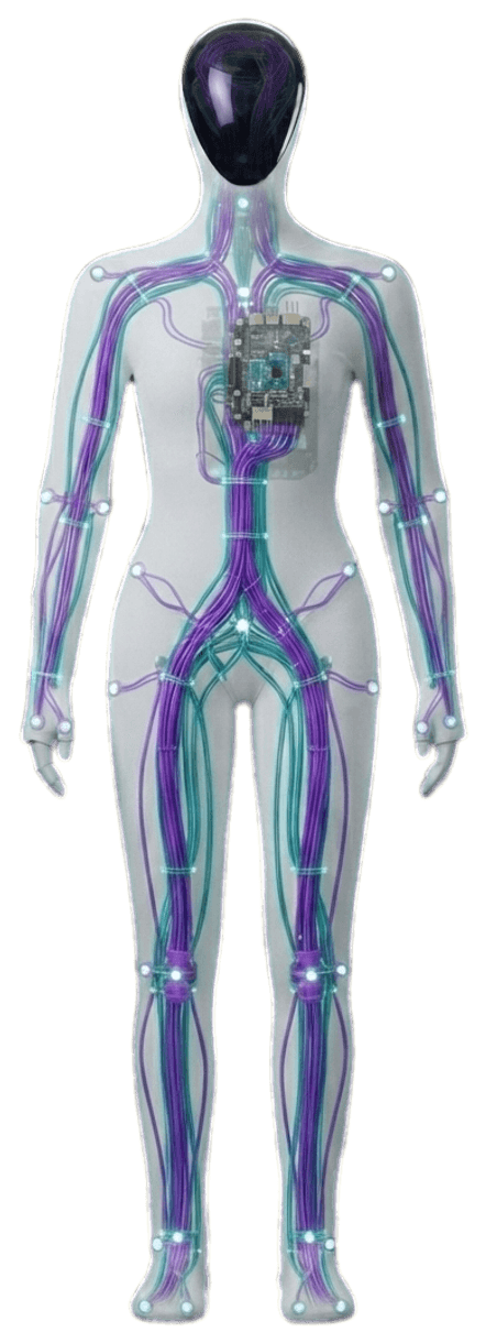 Dieselbe Figur mit farbigen Kabelbäumen in Violett und Türkis, einer Platine im Brustbereich und hellen Knotenpunkten an den Gelenken (KI-Illustration)