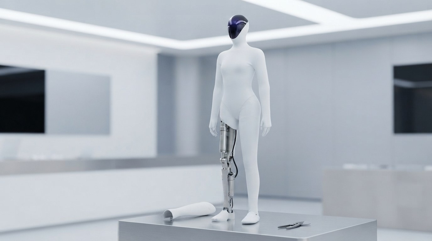 Weißer Humanoid mit dunkel glänzendem Tropfenvisier steht in einem hellen Showroom auf einem Podest; am rechten Unterschenkel fehlt die weiße Verkleidung und gibt die silberne Mechanik frei, das abgenommene Wadenteil liegt daneben, dazu eine Schere (KI-Illustration nach XPeng-Referenzmaterial)