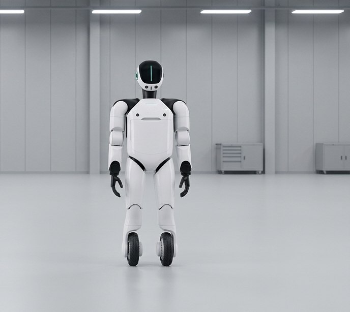 Rechte Hälfte derselben Montagehalle, gleicher Boden und gleiche Rückwand: ein Humanoid im Design des Hexagon AEON steht auf zwei Rädern statt auf Füßen (KI-Illustration, Symbolbild)