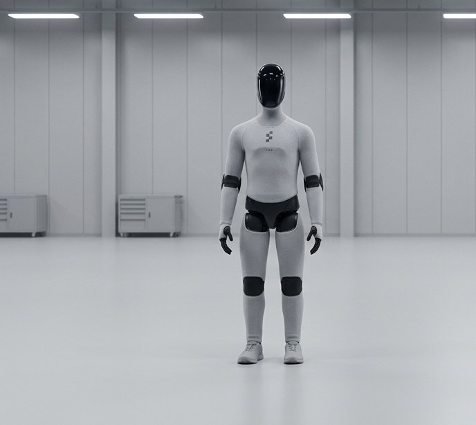 Linke Hälfte einer Montagehalle: ein Humanoid im Design von Figure 03 steht auf zwei Füßen in Turnschuhen auf dem Hallenboden (KI-Illustration, Symbolbild)