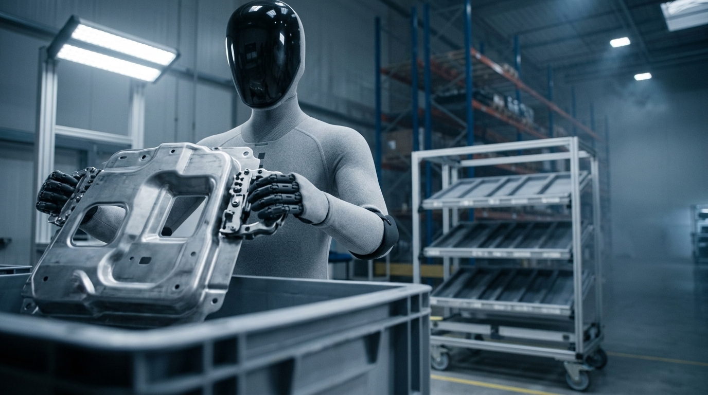 Logistikhalle mit Sequenzwagen, ein Humanoid im Design von Figure 03 an einem Arbeitstisch