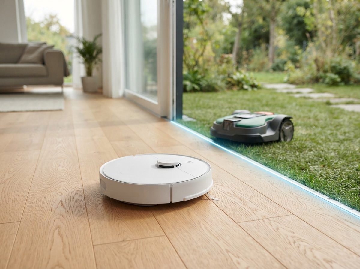Ein runder Saugroboter auf Parkett, dahinter eine leuchtende Schwellenlinie und im Garten ein Mähroboter — KI-Illustration
