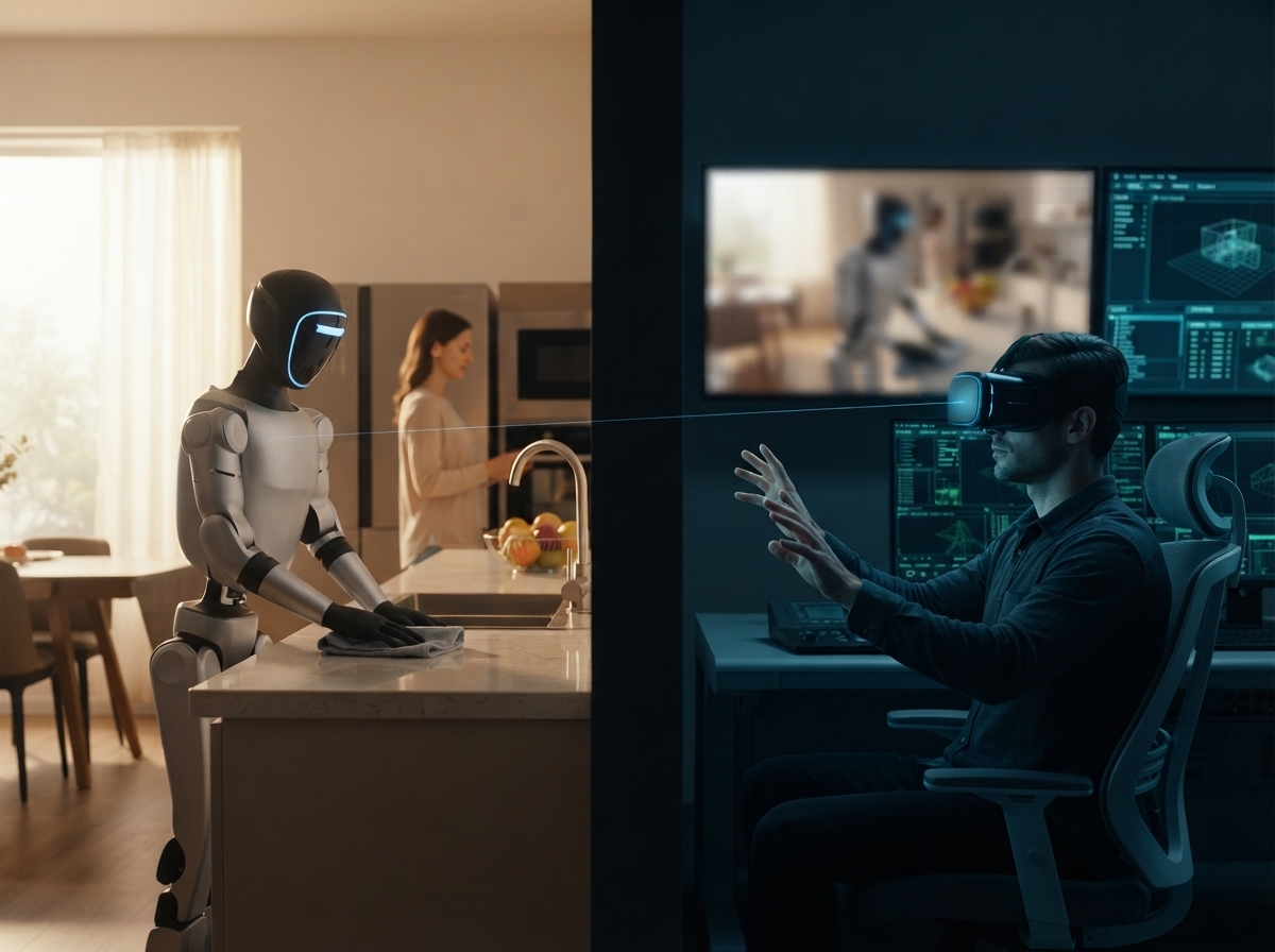 Links wischt ein humanoider Roboter eine Küchenzeile, rechts steuert ihn ein Mensch mit VR-Brille aus einer Leitstelle — KI-Illustration