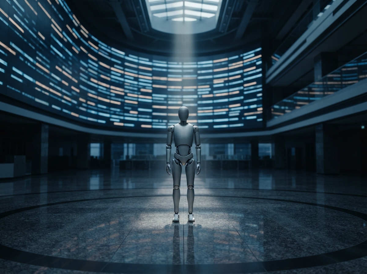 Ein humanoider Roboter steht im Lichtschacht einer Börsenhalle, an den Wänden laufen Kurstafeln — KI-Illustration