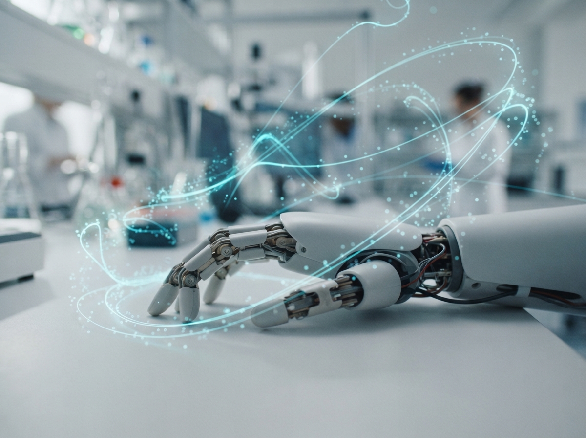 Eine Roboterhand über einer Werkbank, darüber schwebende Datenspuren aus Kamerabild und Sprache — KI-Illustration