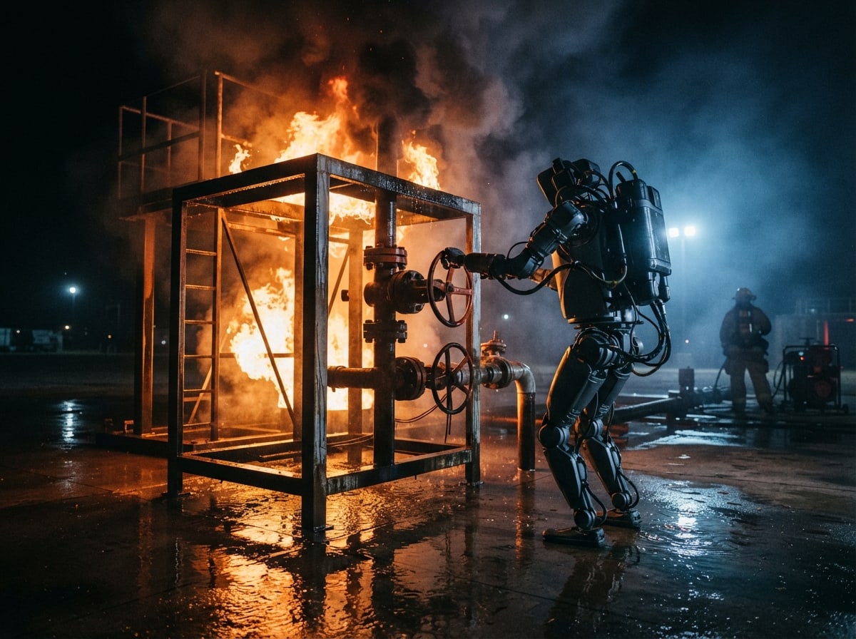 Humanoider Roboter greift an einem Rohrgestell mit Industrieventilen nach einem Rad, dahinter echtes Feuer und Rauch auf einem Übungsgelände — KI-Illustration