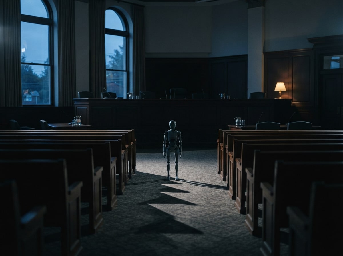 Leerer amerikanischer Ratssaal in der Abenddämmerung, ein einzelner humanoider Roboter steht im Mittelgang vor dem Podium — KI-Illustration
