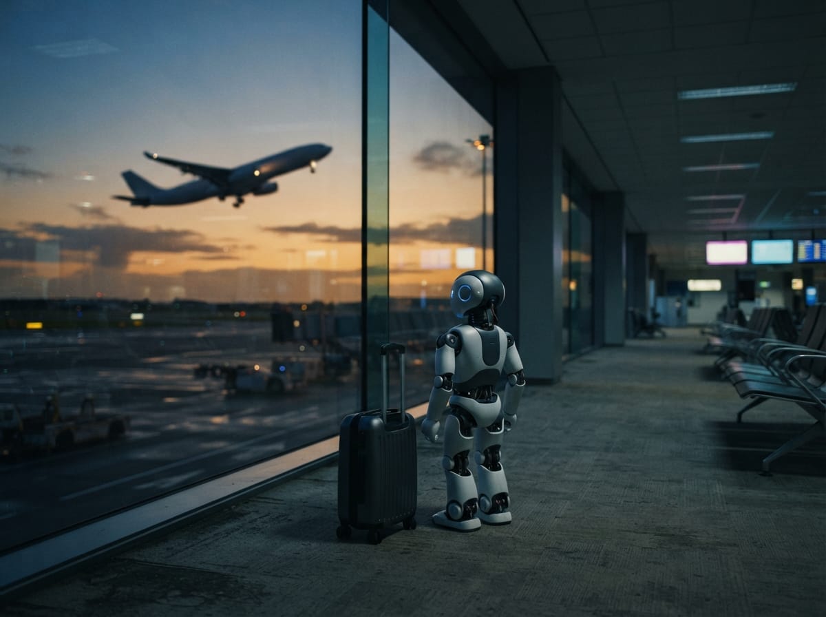 Humanoider Roboter steht allein mit einem Rollkoffer vor der Glasfront eines Flughafen-Gates, draußen ein startendes Flugzeug im Abendlicht, KI-Illustration