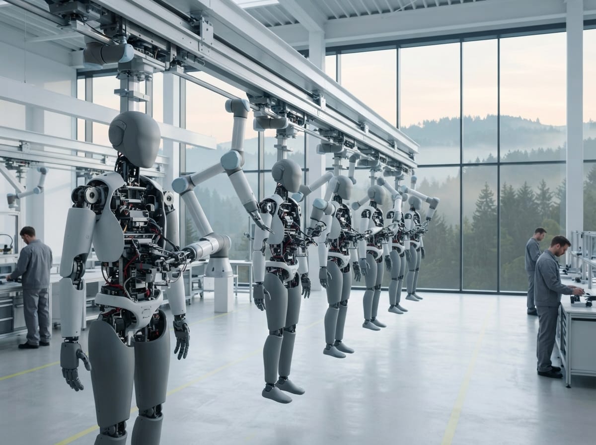Moderne helle Fabrikhalle mit einer Montagelinie humanoider Roboter, durch die Fenster bewaldete Schwarzwaldhügel im Morgenlicht, KI-Illustration