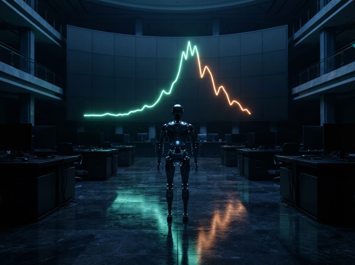 Humanoider Roboter steht allein in einem dunklen Börsensaal vor einer riesigen leuchtenden Kurskurve, die erst steil steigt und dann abknickt, KI-Illustration
