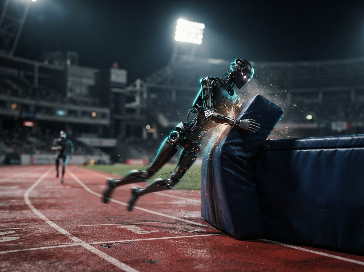 Humanoider Roboter prallt bei Nacht im Stadion mit Bewegungsunschärfe in eine gepolsterte Bande am Ende der Laufbahn, KI-Illustration